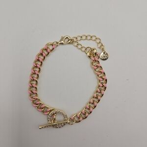 Treasure Jewels Gold Pink Enamel & Pave Gems Cuban Link Chain Toggle Bracelet